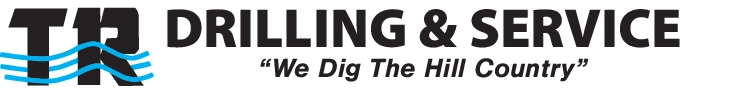 Logo for TR Drilling & Service with blue wave accents and the slogan "We Dig The Hill Country